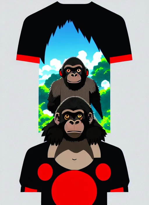 Image similar to portrait of anime style baby gorilla, sunny sky background, lush landscape, illustration concept art anime key visual trending pixiv fanbox by wlop and greg rutkowski and makoto shinkai and studio ghibli and kyoto animation, symmetrical facial features, black t shirt, red headphones,