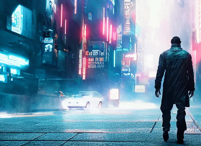 Image similar to Bladerunner2049 street racing man leaning cool pose on his black sports car red emissives volumetric lighting Cyberpunk RTX ray marching street