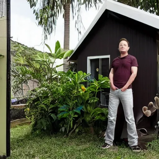 Image similar to elon musk living for rent in a 1 7 square meter house in colombia in unbearable heat, very realistic, ultra detailed, photorealistic