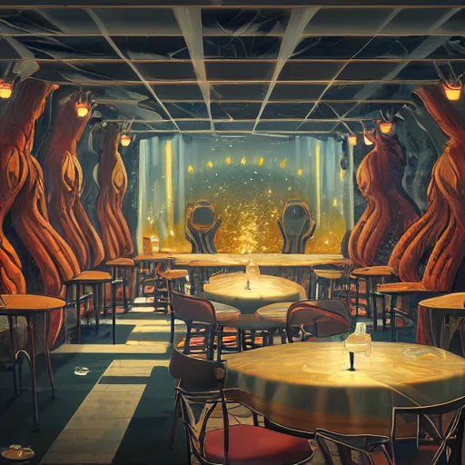 Image similar to The restaurant at the end of the universe. Dramatic setting, intricate art, trending on artstation