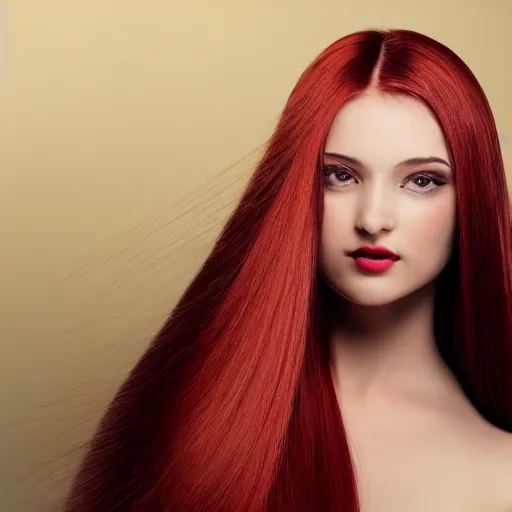 Prompt: Portrait of a young, stunningly beautiful woman with red straight hair on the right half of her head and white straight hair on the left half of her head, award-winning photo, 4k, 8k, studio lighting, Nikon D6, 35mm