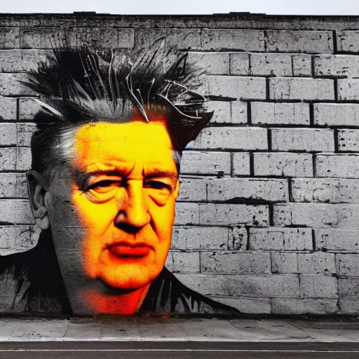 Prompt: Emotional pictures of David Lynch sprayed on New York street brick walls in the style of WEEGEE , 8k, photorealistic imagery, trending on artstation, artstationHQ, artstationHD