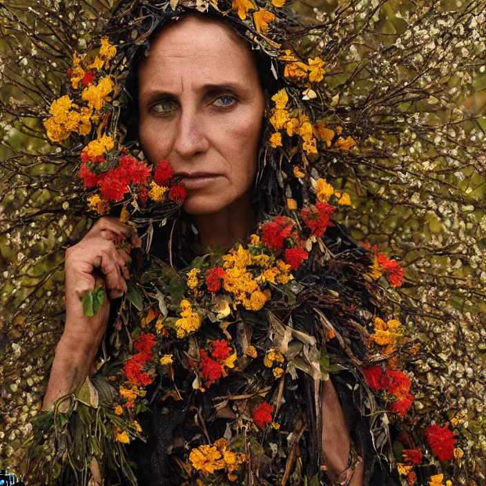 Image similar to closeup portrait of a woman wearing a cloak made of flowers and gold, standing in a burnt forest, by Annie Leibovitz and Steve McCurry, natural light, detailed face, CANON Eos C300, ƒ1.8, 35mm, 8K, medium-format print