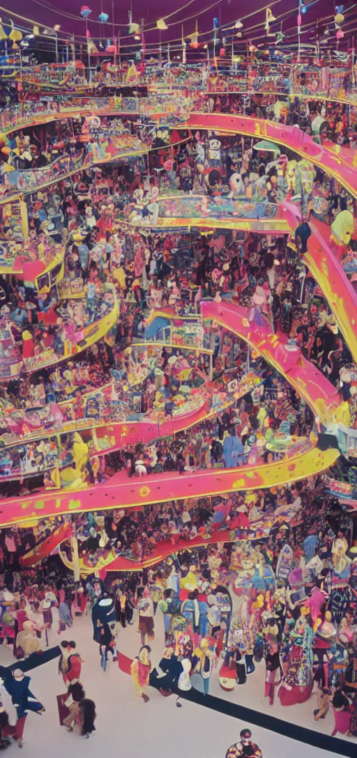 Prompt: the interior of a colorful clown - themed 1 9 8 0 s mall with mall - goers