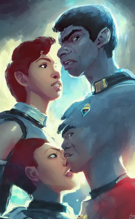 Prompt: Celia Rose Gooding as Uhura and Ethan Peck as Spock caught about to kiss, surprise, cute, innocent, soft lighting, standing in a starbase bar, In style of Yoji Shinkawa, wojtek fus, by Makoto Shinkai, concept art, highly detailed