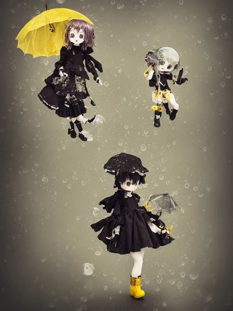 Prompt: cute fumo plush clockwork mechanical maiden girl, rainfall umbrella and big yellow boots splashing in foggy waters, tattered cursed sprawling gothic laced ruffled ribboned dress, meandering ferromagnetic vantablack boiling waters, thunderclouds rolling, focal depth, sepia, distance bokeh, decayed vignette with tears and dust, negative space, vray
