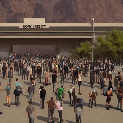 Prompt: large millennial crowd in front of a | government security facility military gate | in the hot desert trending on artstation digital paint 4 k render