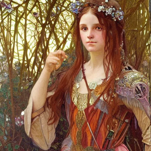 Image similar to a detailed, beautiful portrait oil painting of a girl who looks an 1 8 - year old, with a surprised expression, wearing intricate, full - plate iridescent armor in an ancient forest, by donato giancola, alphonse mucha, and john williams waterhouse