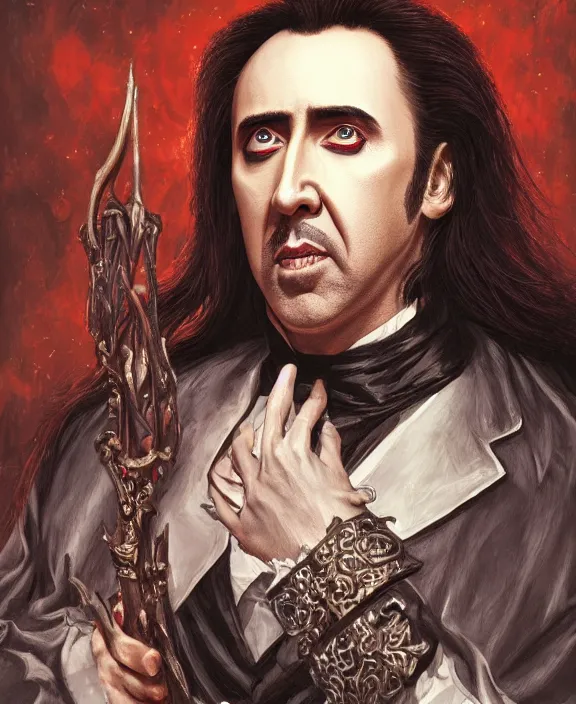 Image similar to nicolas cage as dracula, highly detailed, centered, artstation, concept art, smooth, sharp focus, illustration, bokeh art by artgerm and donato giancola and joseph christian leyendecker