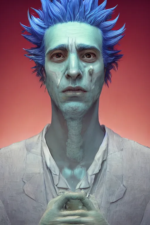 Prompt: cinematic portrait of Rick Sanchez. Centered, uncut, unzoom, symmetry. character illustration. Surreal render, ultra realistic, zenith view. Polished. Inspired by patricio clarey, heidi taillefer scifi painter glenn brown. Extremely ornated. artstation, cgsociety, unreal engine, ray tracing, detailed illustration, hd, 4k, digital art, overdetailed art. Dslr, tiltshift, dof. 64megapixel. complementing colors. Trending on artstation, deviantart,