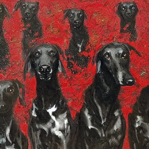 Prompt: a pach of black greyhounds walking through red flowers, by nicola samori