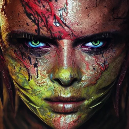 Prompt: sexy beautiful lizard with yellow snake eyes, head made of mech mask rendered in unreal engine, movie shot from the witcher, cyberpunk universum, dark scifi, painted by carne griffiths and beksinski