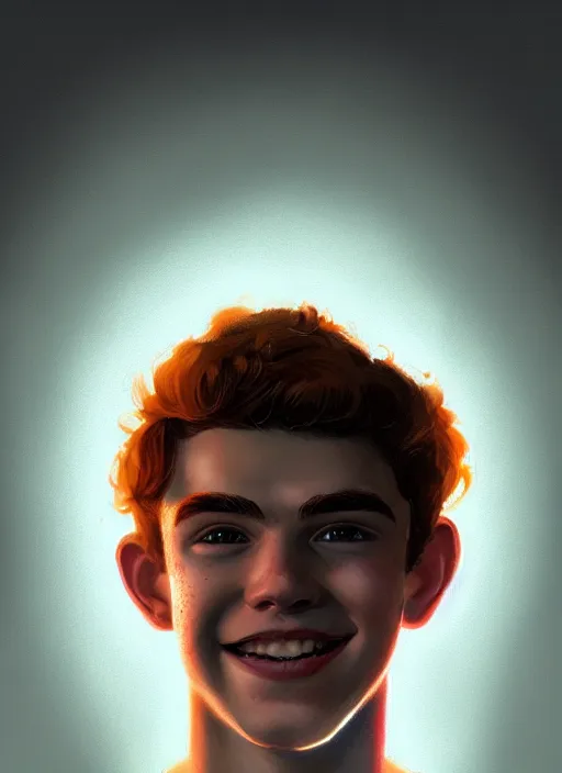 Image similar to portrait of teenage archie andrews, freckles, curly middle part haircut, curly hair, smiling kindly, intricate, elegant, glowing lights, highly detailed, digital painting, artstation, concept art, smooth, sharp focus, illustration, art by wlop, mars ravelo and greg rutkowski