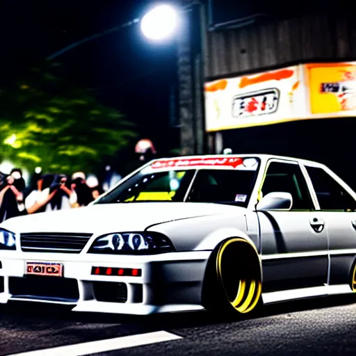 Image similar to a car JZX100 turbo drift at illegal car meet, shibuya prefecture, midnight mist streetlights, color grade, photorealistic, highly detailed wheels, highly detailed