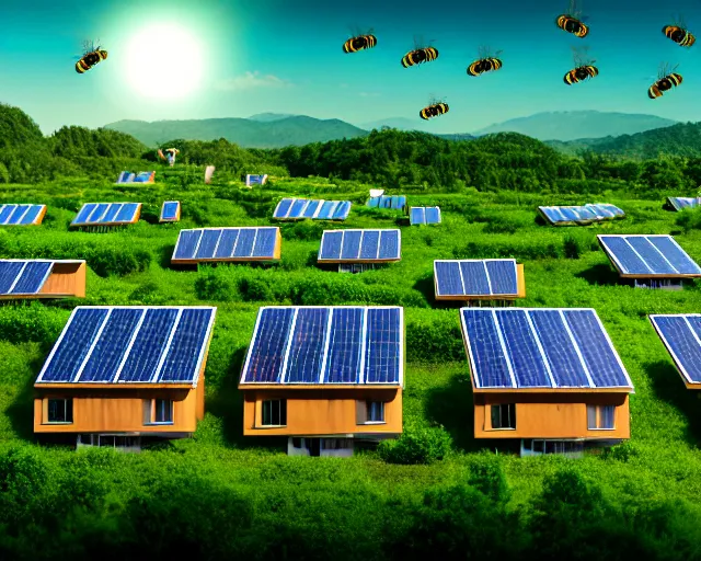 Prompt: connected ecovillage houses with solarroofs, very big bees flying around - plant goddess high quality photo, microchip, artificial intelligence, bio - mechanical bio - luminescence, black wired cables, neurons, nerve cells, cinematic, rim light, photo - realistic, elegant, high detail, 8 k, masterpiece, high fashion, in the style of man ray