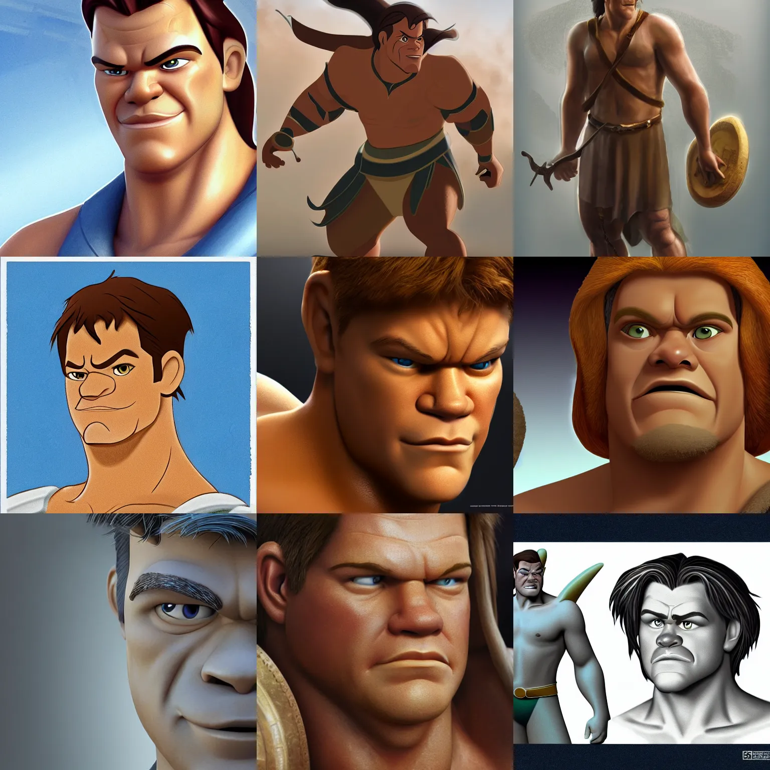 Prompt: character design, matt damon in disney hercules, by disney, concept art head macro shot