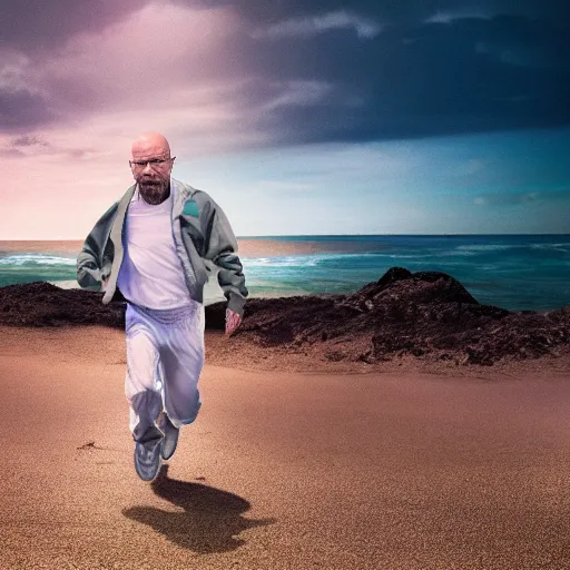 Image similar to Walter White running on the beach, artistic, 8k, cinematic, accurate, symetric, face, dramatic lighting, pastel colours