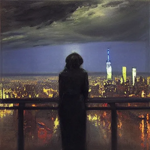 Prompt: “ a girl looking down at a futuristic!!!!!! new york city below, ghostpunk!!!!, neon lights, storm clouds, rain!!!!!!, oil painting, by george bellows ”