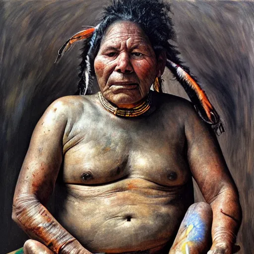 Image similar to high quality high detail painting by lucian freud and jenny saville, hd, full body of a indigenous tribe leader, turquoise color, photorealistic lighting