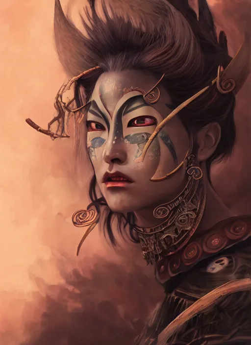 Prompt: a beautiful detailed oil on copper art illustration of a japanese basara mask devil woman, centered, by charlie bowater, zeng fanzh, trending on artstation, dim dusk lighting, cinematic lighting, detailed lighting, volumetric lighting, realistic, f 8, 4 k hd wallpaper