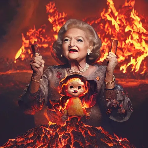 Image similar to stunning awe inspiring betty white as the queen of hell surrounded by fire, lava, brimstone and demonic killer dolls, movie still 8 k hdr atmospheric lighting