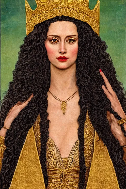 Prompt: Portrait of historically accurate, ancient biblical, sultry, sneering, evil, pagan, wicked, queen jezebel, wearing gilded robes, long hair, intricate, elegant, highly detailed, masterpiece, illustration, art Russian Cubism, highly detailed, trending on artstation, award winning