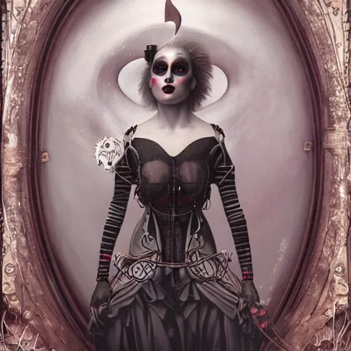 Prompt: By Tom Bagshaw, ultra realist soft painting of a curiosities carnival by night, very beautiful female steampunk Clown in full gothic dress, symmetry accurate features, very intricate details, omnious sky, black and white, volumetric light clouds