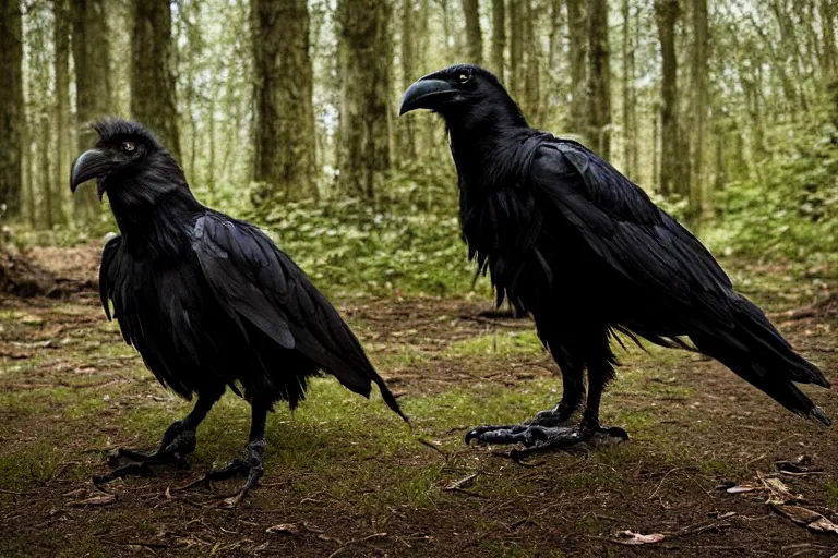 Image similar to werecreature consisting of a crow and a human, photograph captured in a dark forest