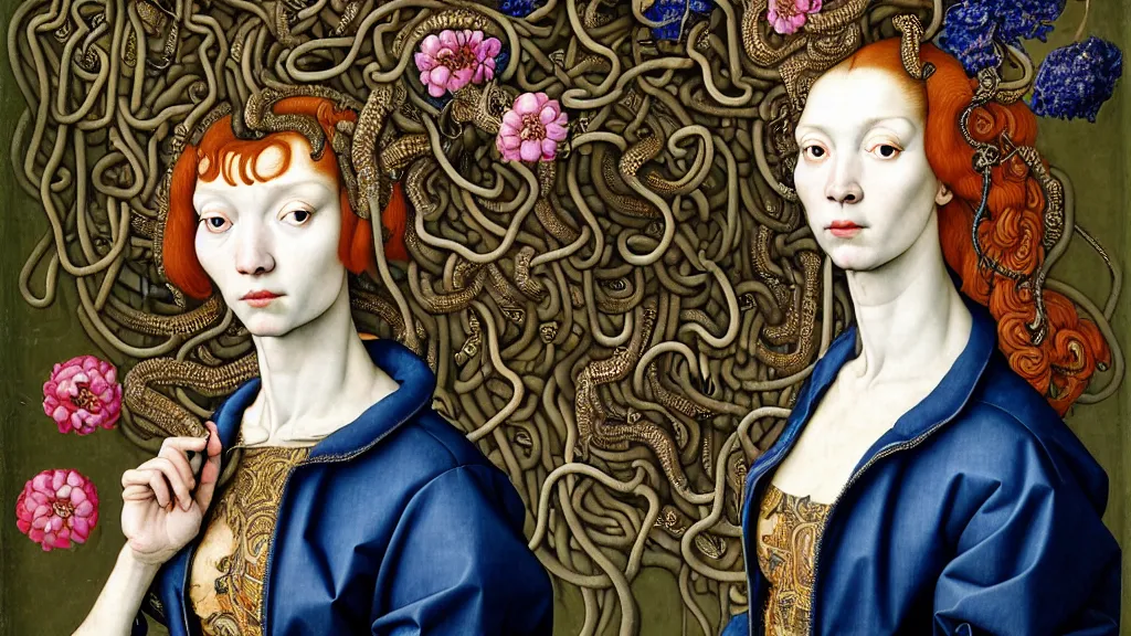 Image similar to portrait of medusa, wearing a jeans jackets, a high collar t - shirt and baggy jeans, in the style of rogier van der weyden and jacopo da pontormo, standing in a botanical garden full of serpents and luxuriant flowers, bjork aesthetic, masterpiece, cyberpunk, asian art, intricate details, highly detailed