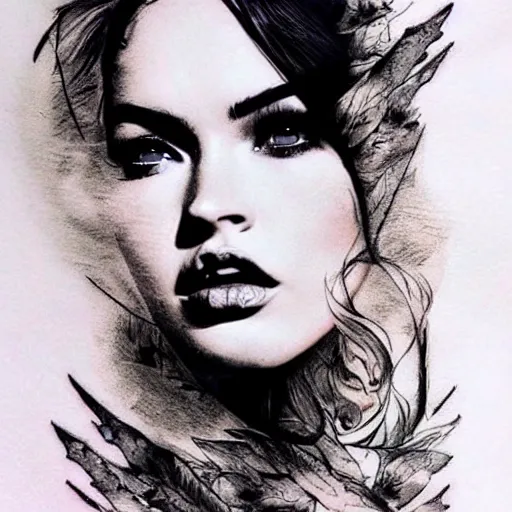 Image similar to tattoo design sketch with double exposure effect, megan fox face faded against beautiful mountain scenery, in the style of matteo pasqualin, amazing detail, mash up