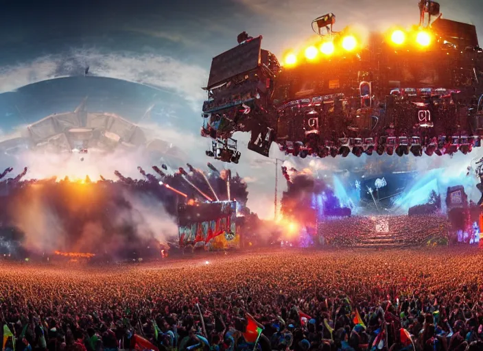 Image similar to ultra realistic, wide angle view of the mainstage of defqon 1 music festival in 2 0 5 0 by chris foss, futuristic, octane render, sharp focus cinematic lighting, dramatic perspective, highly detailed, ultra realistic, masterpiece, 4 k, 8 k