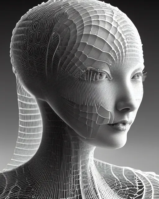 Image similar to mythical dreamy black and white organic translucent bio-mechanical spinal ribbed profile face portrait detail of mechanical beautiful female angelic-snowy-human-cyborg, highly detailed, intricate crystal jelly steampunk ornate, poetic, 3D render, digital art, octane render, 8K artistic photography, photo-realistic, by Dora Maar