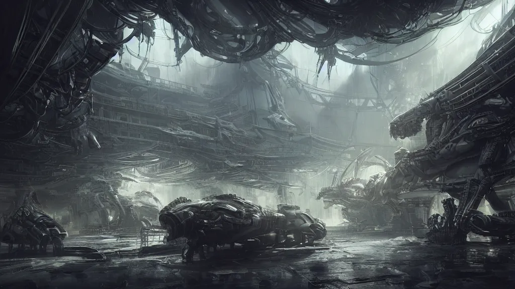 Image similar to a Photorealistic dramatic hyperrealistic,hyper detailed render by Greg Rutkowski,Craig Mullins,Nicolas Bouvier SPARTH, ILM of an Epic Sci-Fi, Gigantic Alien xenomorph spaceship inside huge interior hangar,intricate bio mechanical surface details,many tubes and cables hanging from the ceiling,Beautiful dynamic dramatic dark moody lighting,contrast and shadows,Volumetric,Cinematic Atmosphere,Octane Render,Artstation,8k