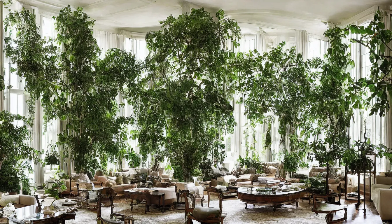 Image similar to luxury living room filled with plants and trees, photo by architectural digest