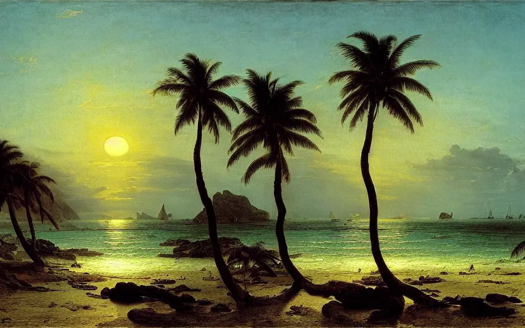 Prompt: a beautiful view of a tropical beach, clear seas, the sun is setting in the background, magical, stunning, art by caspar david friedrich and asher brown durand and peder balke, intricate details, trending on artstationhq and wikiart