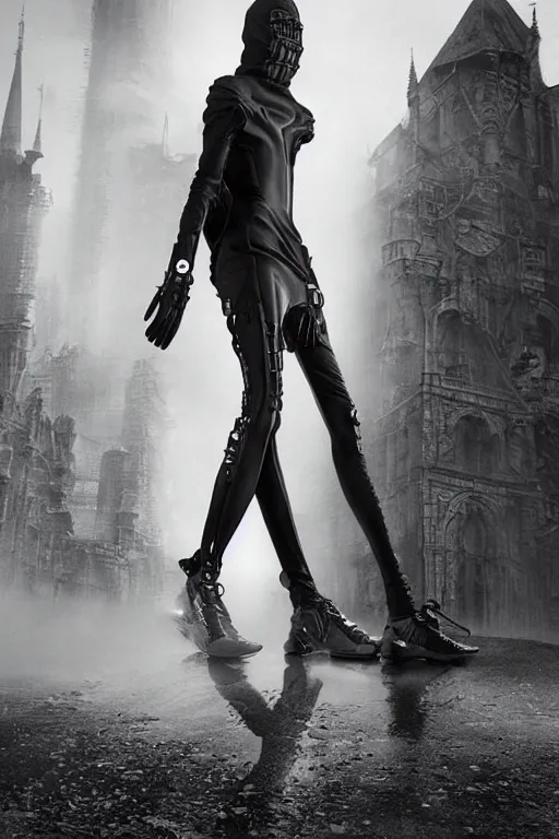 Image similar to avant garde techwear look and clothes, we can see them from feet to head, highly detailed and intricate, hypermaximalist, dystopian futuristic castle background, eerie fog, luxury, Rick Owens, Errolson Hugh, Yohji Yamamoto, cinematic outfit photo