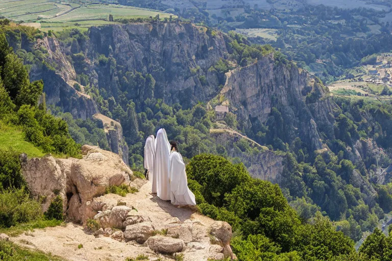 Image similar to a unique digital photo of jesus and mary magdalene standing on a cliff looking over a beautiful landscape in france, rennes - le - chateau, award winning photo, very detailed, very realistic cinematic