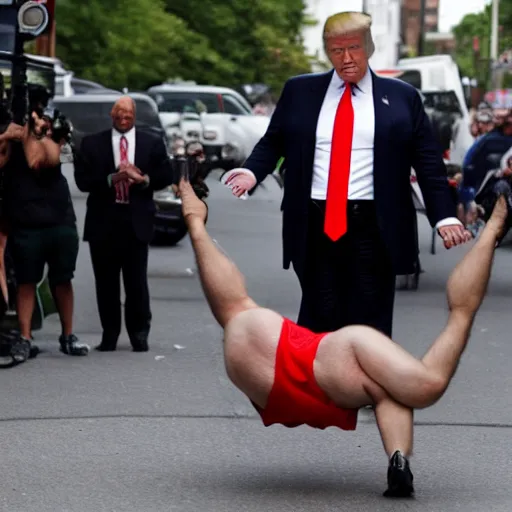 Image similar to photo of donald trump falling in the street without pants, reuter photo,