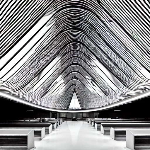 Prompt: hyperrealistic highly detailed modern church by zaha hadid in the tropical wood, strong lines, geometric, mystic, melancholy, lomography, scratches on photo, noise effect, blur effect, black and white color photograph, photorealistic shot, monochrome