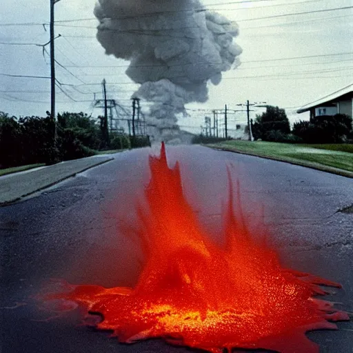 Prompt: molten lava flowing down a suburban street in America. Photo by Annie Liebowitz