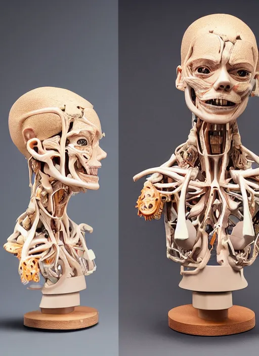 Prompt: a bust sculpture of anatomical detailed wood cyborg, emma stone, green blod, become human, ceramic base, orthographic, studio lighting