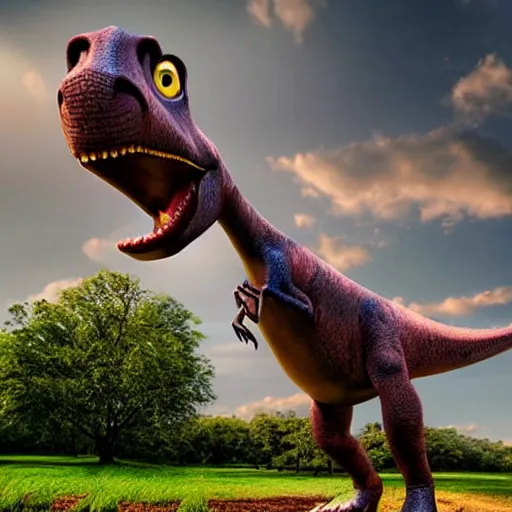 Prompt: a pixar dinosaur standing on two legs sucking on a cigarette hdr professional shot, full body