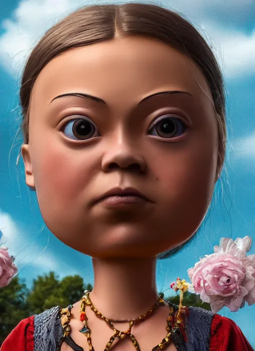 Image similar to closeup face profile portrait of tin toy greta thunberg as a witch, bikini, depth of field, zeiss lens, detailed, symmetrical, centered, fashion photoshoot, by nicoletta ceccoli, mark ryden, lostfish, breathtaking, 8 k resolution, extremely detailed, beautiful, establishing shot, artistic, hyperrealistic, octane render