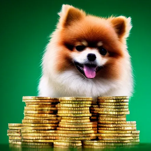 Prompt: A pomeranian wearing a top-hat, sitting on top of a large pile of gold coins