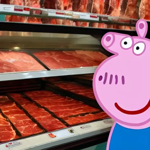 Image similar to peppa pig standing in a butcher shop staring at a display full of meats, sausages, and ham