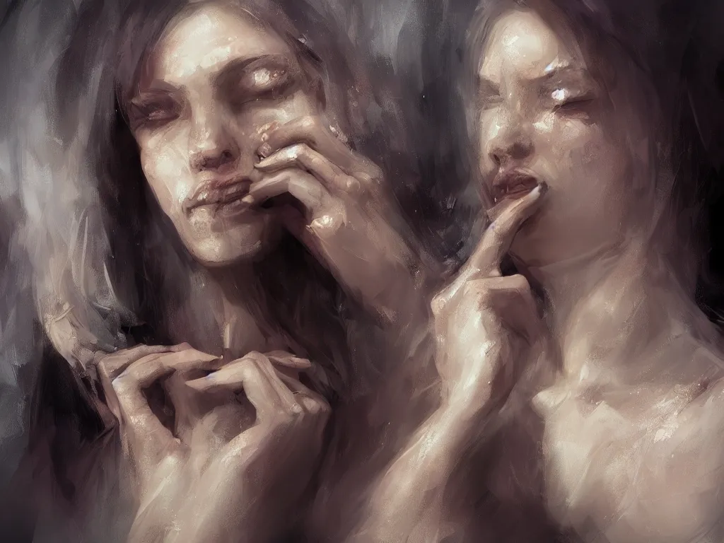 Image similar to a portrait of a woman looking at a broken mirror while crying, digital painting, trending on artstation, deviantart, 8k, epic composition, intrinsic details, perfect coherence