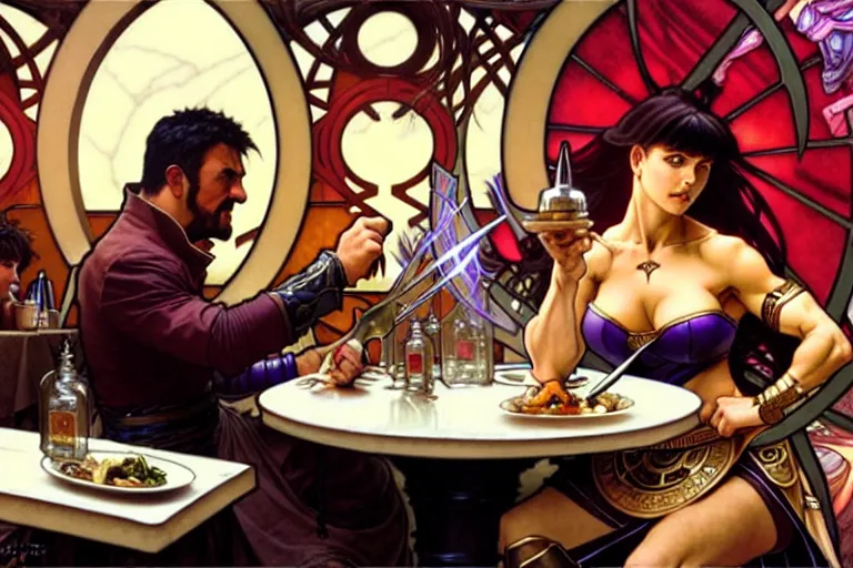 Image similar to xena warrior princess eating at a restaurant, with a hispanic man in a suit as her companion, art by artgerm and greg rutkowski and alphonse mucha