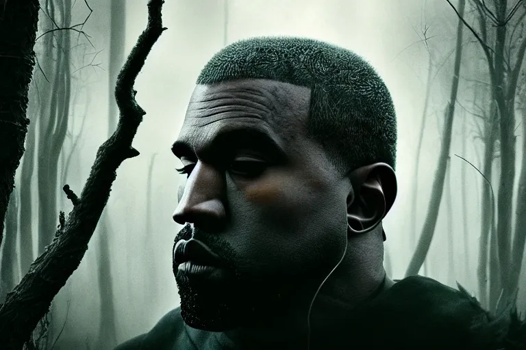 Prompt: an ultra realistic, cinematic, headshot portrait, of an evil kanye west, tree wizard, fantasy, elden ring, branches wrapped, facial features, background of a vast serene landscape, with trees and rivers, detailed, deep focus, movie still, dramatic lighting, ray tracing, by michal karcz and yoshitaka amano