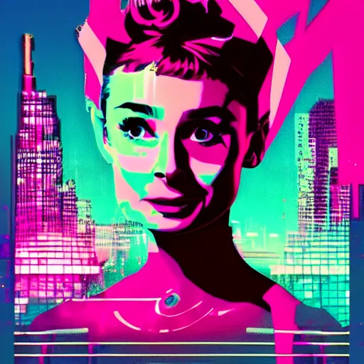 Prompt: audrey hepburn cyberpunked, synthwave poster, glitch art background,