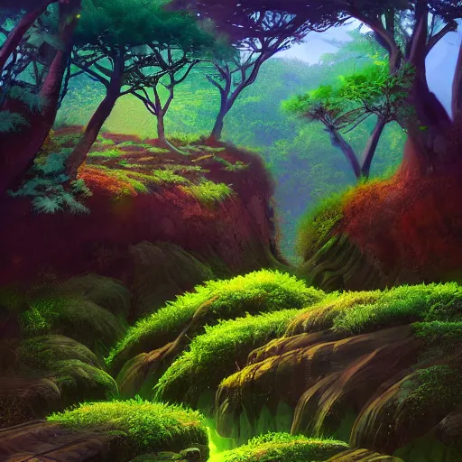 Image similar to digital painting of a lush natural scene on an alien planet by murayama hideo. digital render. detailed. beautiful landscape. colourful weird vegetation. cliffs and water.